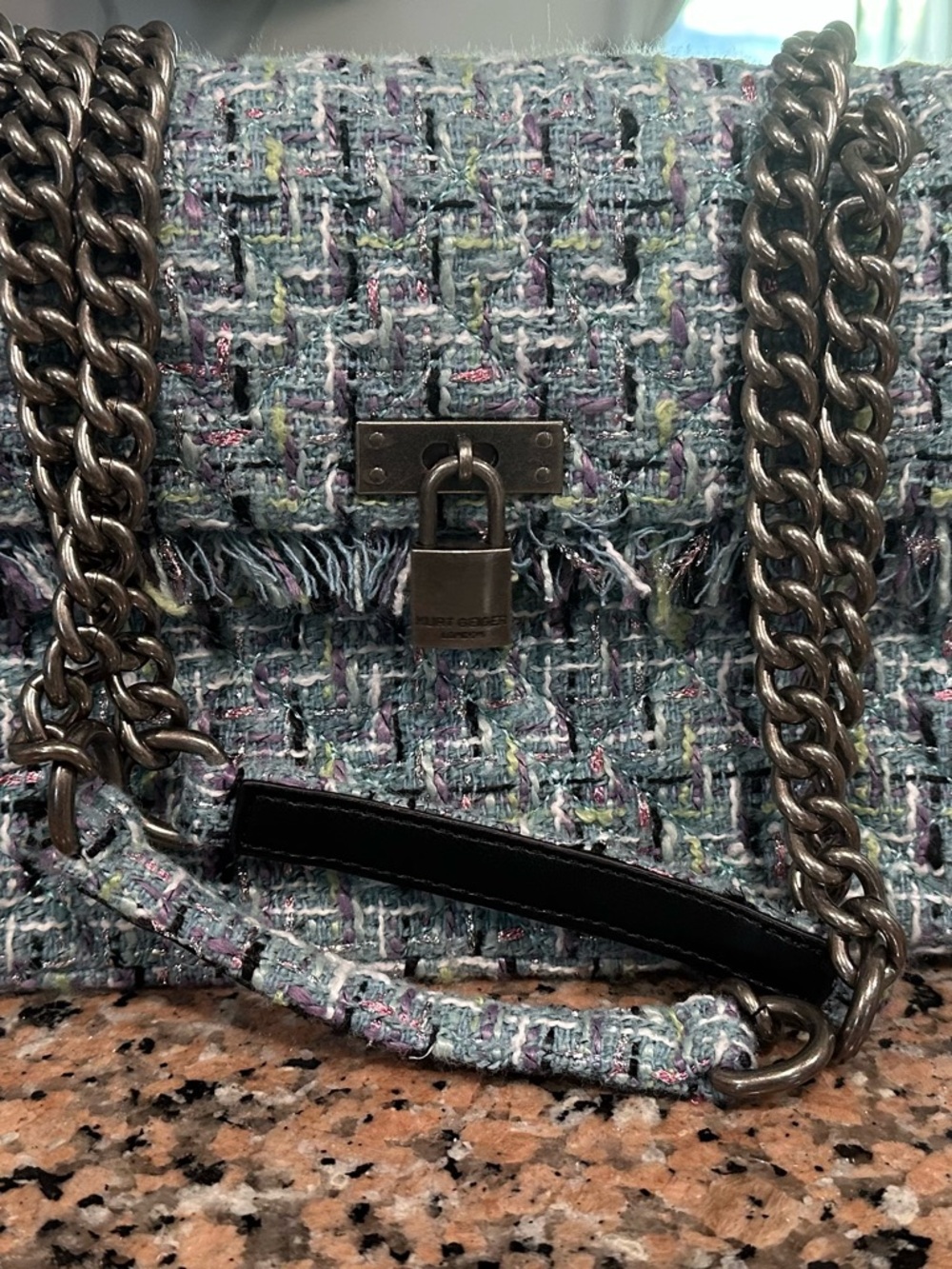 Kurt Geiger Pastel Tweed Chain Shoulder Bag with Chunky Gunmetal Hardware